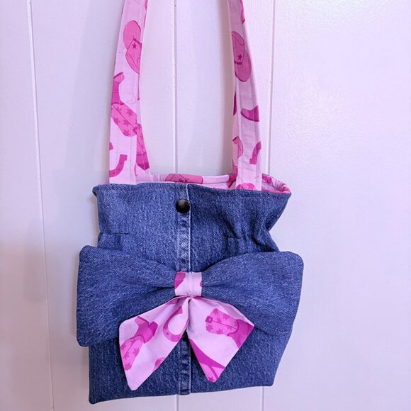 Shoulder Bag, Bow, Denim, Plaid, Purse, Handbag, Pocketbook - Picture 1 of 6